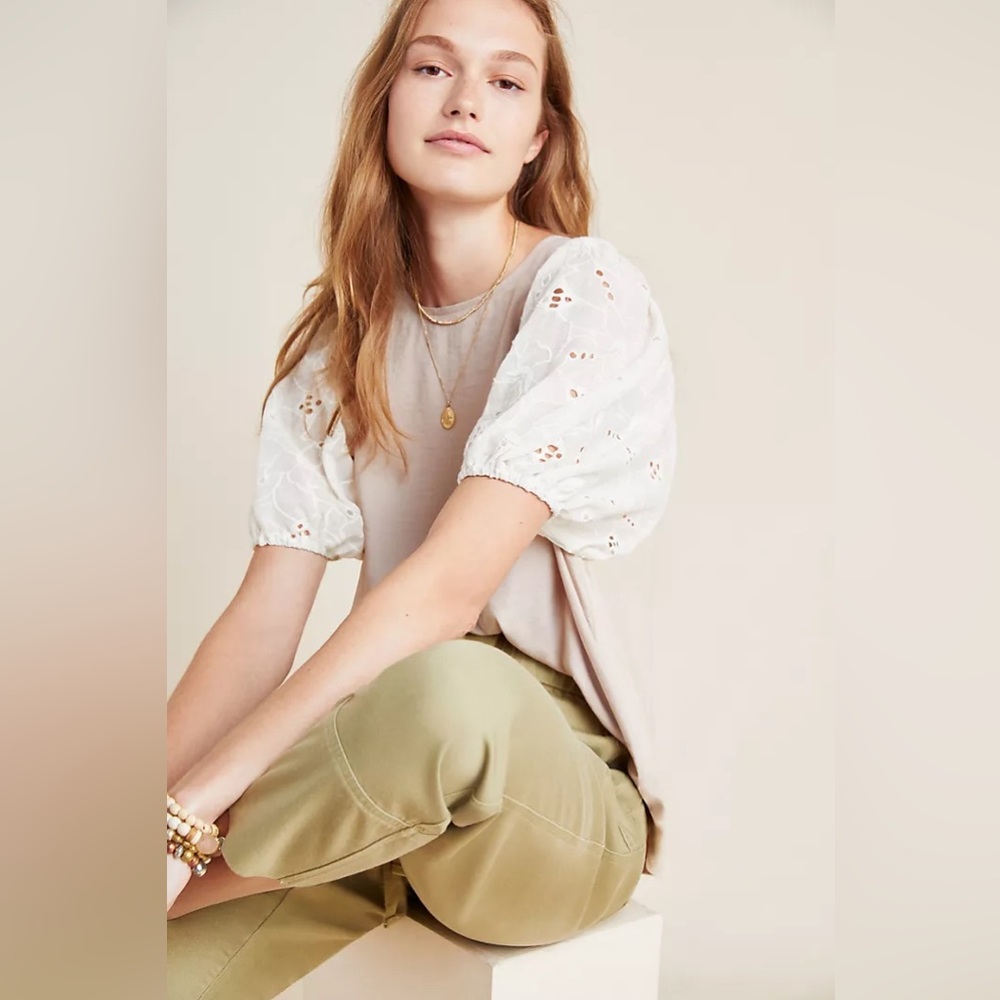 Dolan Left Coast | Anthropologie Adalia Eyelet Puff Sleeve | Taupe/White | L